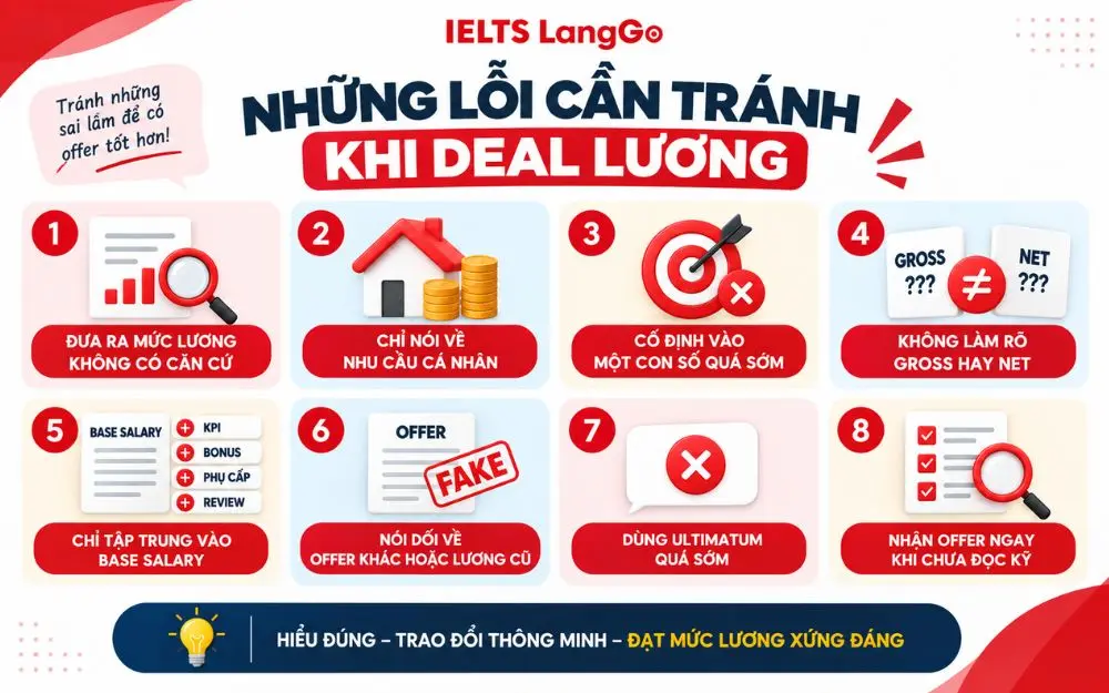 Những lỗi cần tránh khi deal lương để không làm giảm cơ hội thương lượng và nhận mức offer phù hợp.