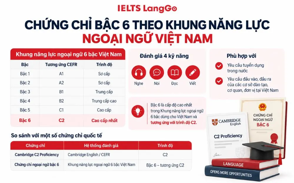 Chứng chỉ ngoại ngữ bậc 6 tương ứng trình độ C2 theo khung Việt Nam.