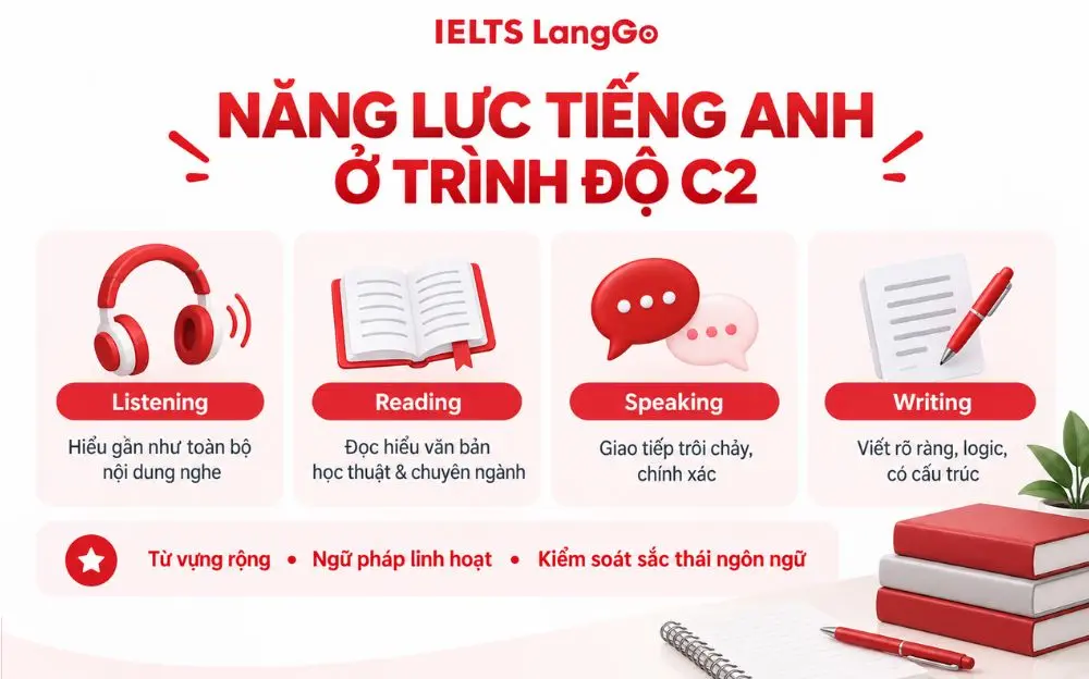 Trình độ C2 thể hiện năng lực nghe, nói, đọc, viết tiếng Anh thành thạo.