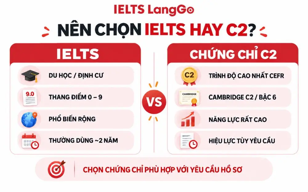 So sánh IELTS và chứng chỉ C2 theo mục đích sử dụng.