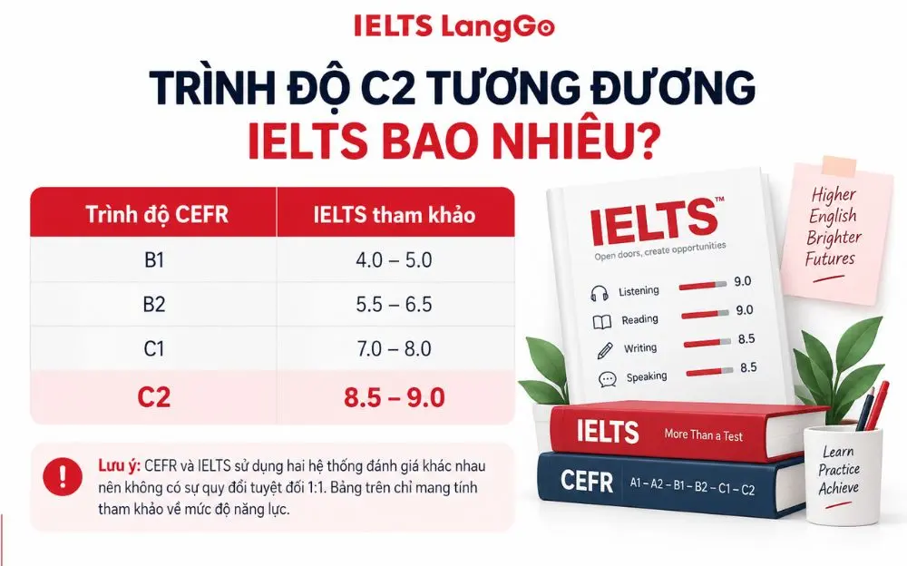 Bảng đối chiếu trình độ C2 với thang điểm IELTS theo CEFR.