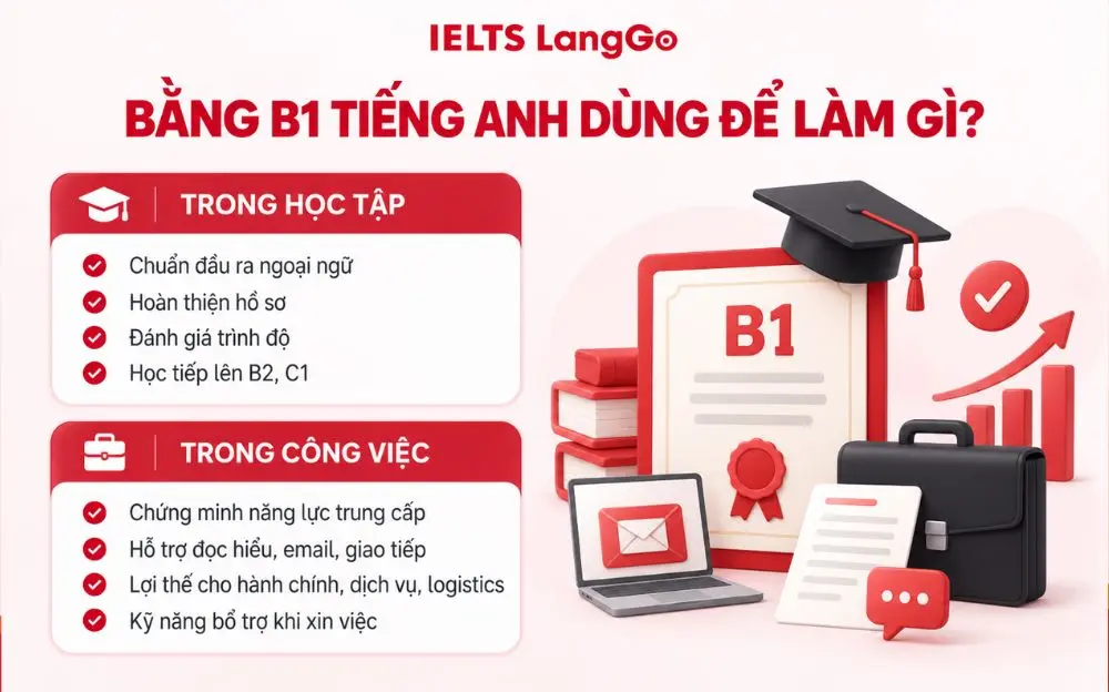 Bằng B1 tiếng Anh hỗ trợ học tập, hoàn thiện hồ sơ và mở rộng cơ hội việc làm.