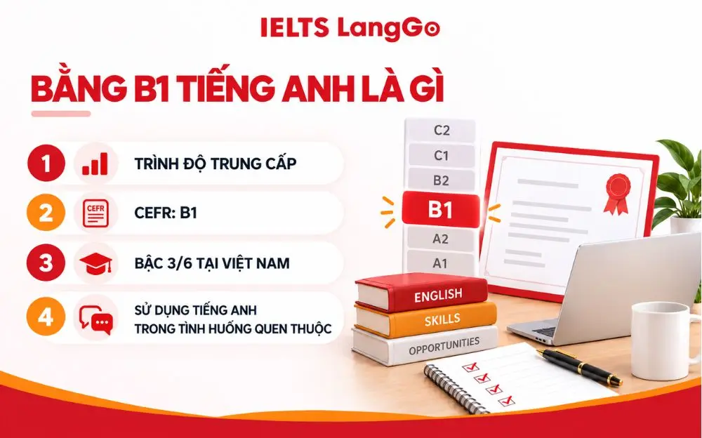 Bằng B1 tiếng Anh là trình độ trung cấp, tương ứng bậc 3/6 tại Việt Nam.