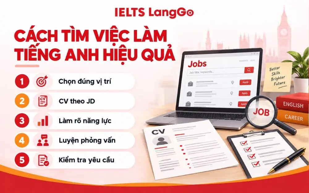 Quy trình tìm việc tiếng Anh hiệu quả từ chọn vị trí đến luyện phỏng vấn.
