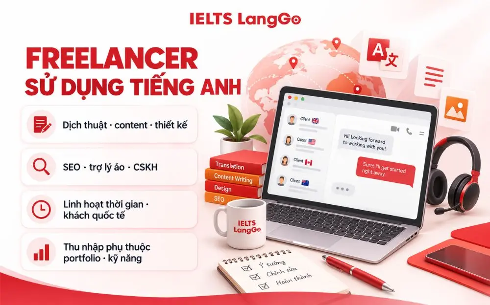 Freelancer dùng tiếng Anh để tiếp cận khách quốc tế và phát triển công việc linh hoạt.