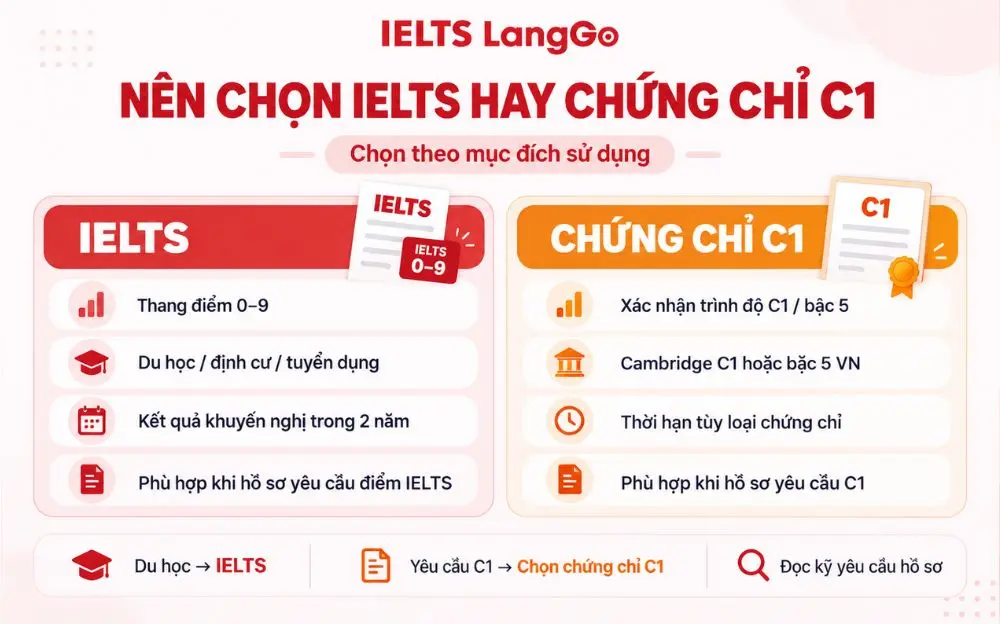 So sánh IELTS và chứng chỉ C1 theo mục đích sử dụng và yêu cầu hồ sơ.