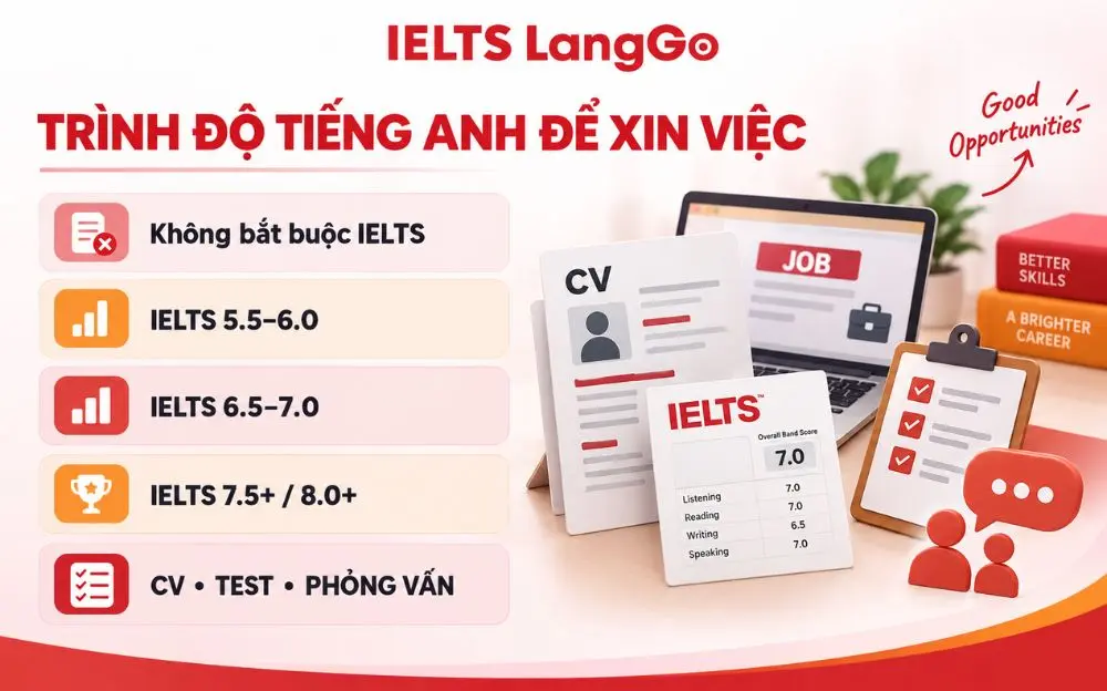 Trình độ tiếng Anh xin việc phụ thuộc vào vị trí, JD và năng lực thực tế.