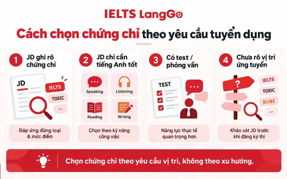 Chọn chứng chỉ tiếng Anh theo đúng yêu cầu JD và kỹ năng công việc.