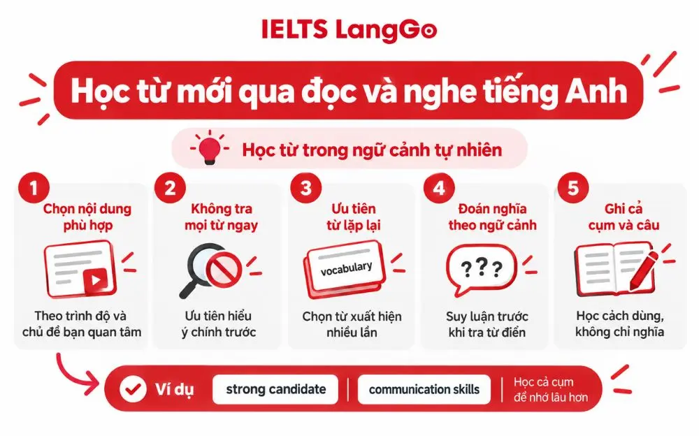 Học từ mới qua đọc và nghe giúp ghi nhớ từ trong ngữ cảnh tự nhiên.