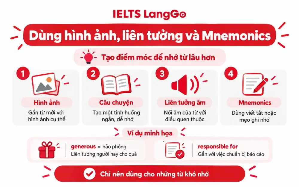 Hình ảnh và Mnemonics giúp tạo điểm móc để ghi nhớ từ vựng lâu hơn.