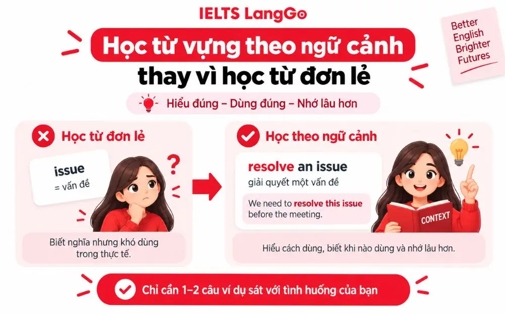 Học từ vựng theo ngữ cảnh giúp hiểu cách dùng và ghi nhớ lâu hơn.