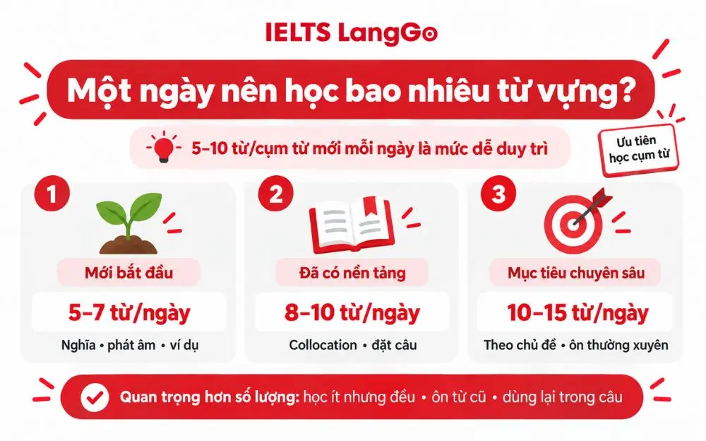 Gợi ý số lượng từ vựng nên học mỗi ngày theo từng mức độ.