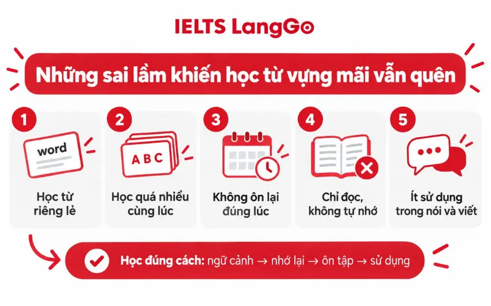 Tổng hợp những sai lầm phổ biến khiến học từ vựng dễ quên.