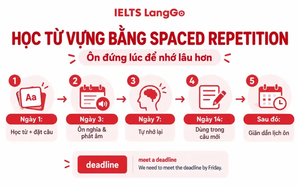 Spaced Repetition giúp ghi nhớ từ vựng lâu hơn nhờ ôn tập đúng thời điểm.