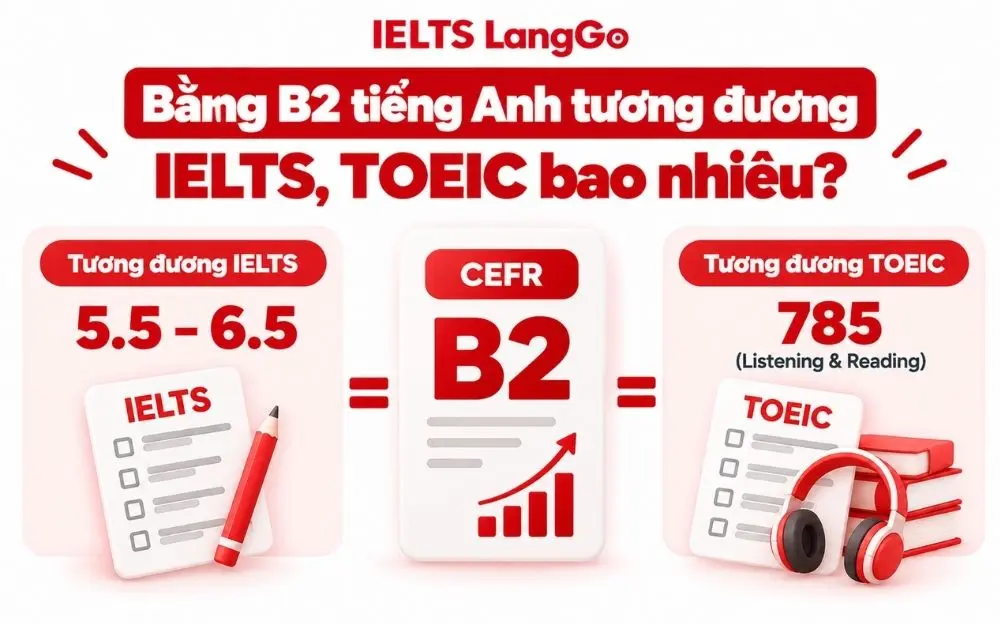 Bằng B2 tiếng Anh tương đương IELTS 5.5–6.5 và TOEIC 785 tham khảo.