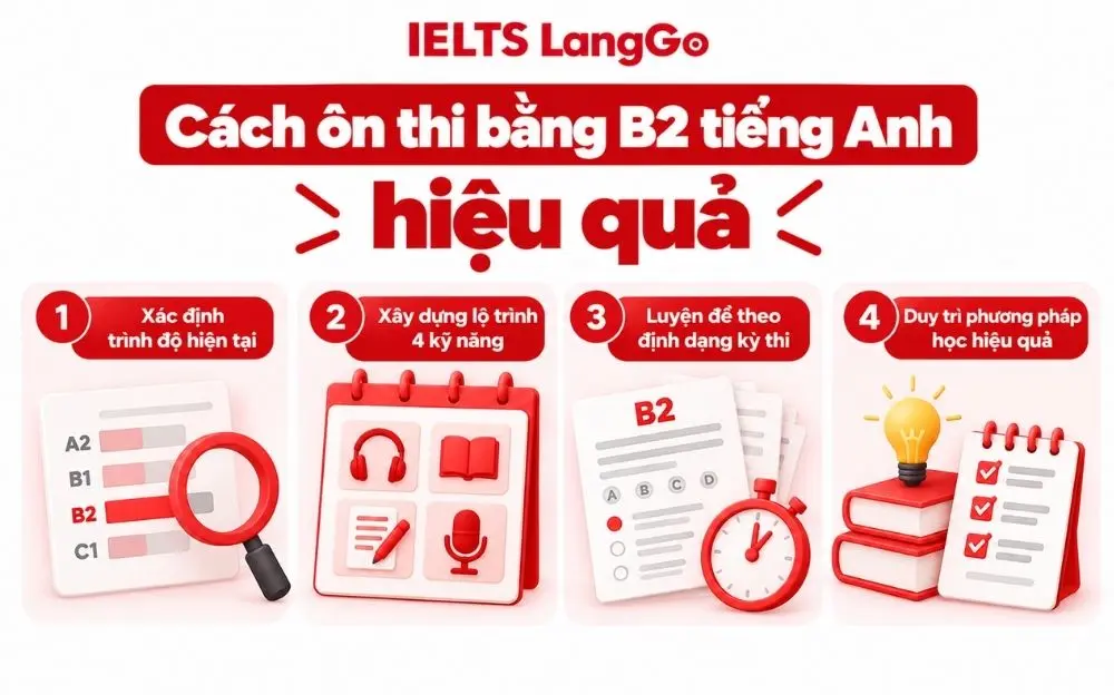 4 bước ôn thi B2 tiếng Anh hiệu quả từ đánh giá đến luyện đề.