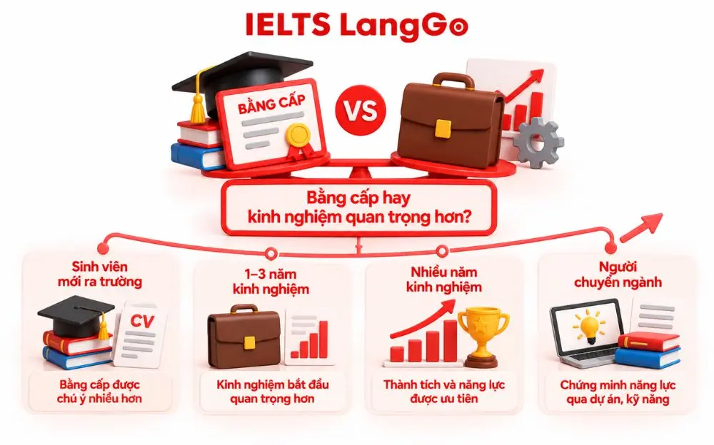 So sánh vai trò bằng cấp và kinh nghiệm qua từng giai đoạn nghề nghiệp.