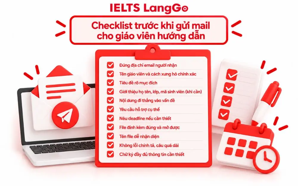 Checklist 11 điều cần kiểm tra trước khi gửi mail cho giáo viên hướng dẫn.