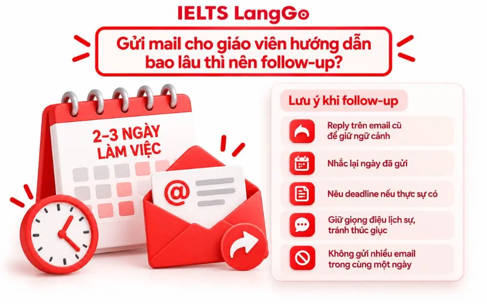 Nên chờ 2–3 ngày làm việc trước khi gửi mail nhắc giáo viên hướng dẫn.