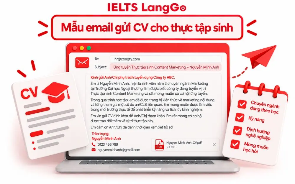 Mẫu email gửi CV cho thực tập sinh chuyên nghiệp, giúp ghi điểm với HR.