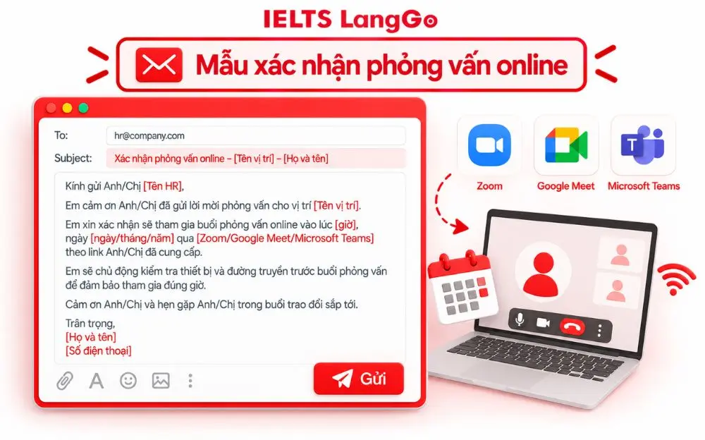 Mẫu email xác nhận phỏng vấn online chuyên nghiệp qua Zoom, Google Meet và Teams.